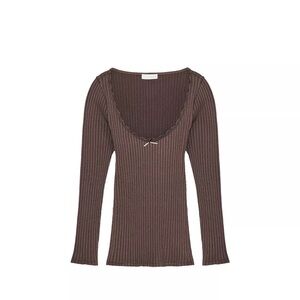 Zara Ribbed Long Sleeve Scoop Neck Top in Brown